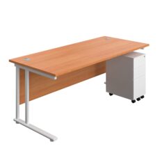 Twin Upright Rectangular Desk + Slimline Steel Pedestal 3 Drawers (FSC)