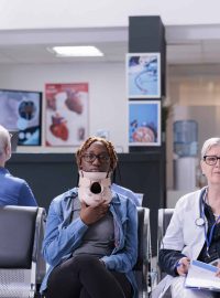 Portrait of person with neck collar brace sitting in waiting room at clinic doing consultation with senior doctor. Woman wearing cervical foam after accident injury talking to medic about healthcare.